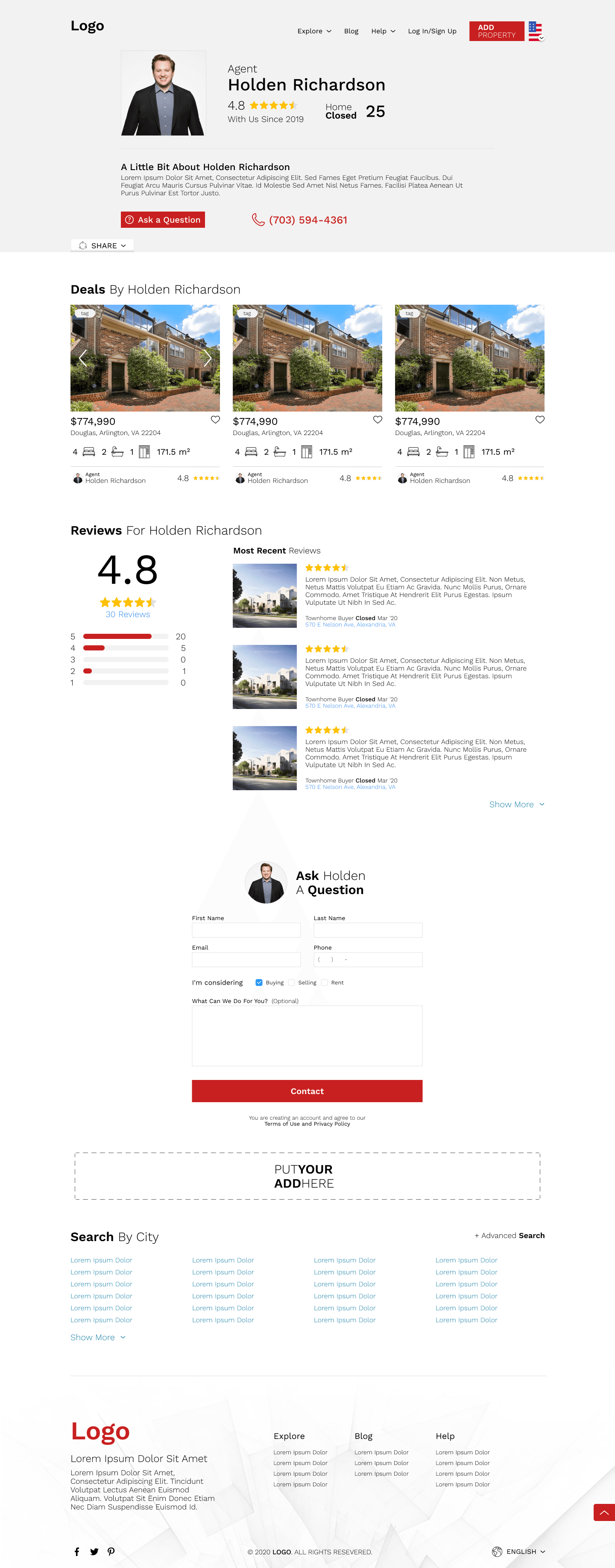 Agent profile — active deals, reviews, and contact form