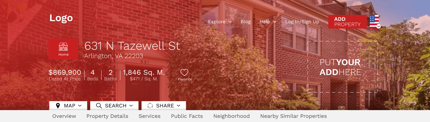 Category page — property listings with search and map toggle