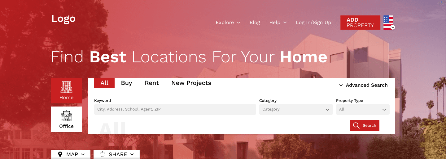 Search — buy, rent, and new projects with advanced filters