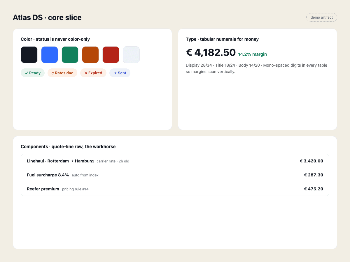 Atlas design system core slice: color tokens, status chips, type scale, and the quote-line row component