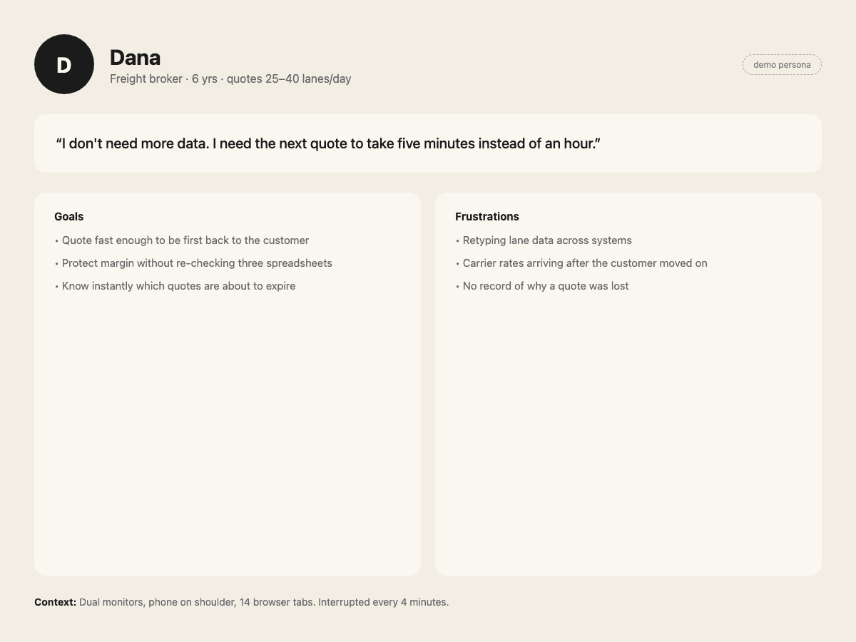 Dana, freight broker persona: quote fast, protect margin, stop retyping