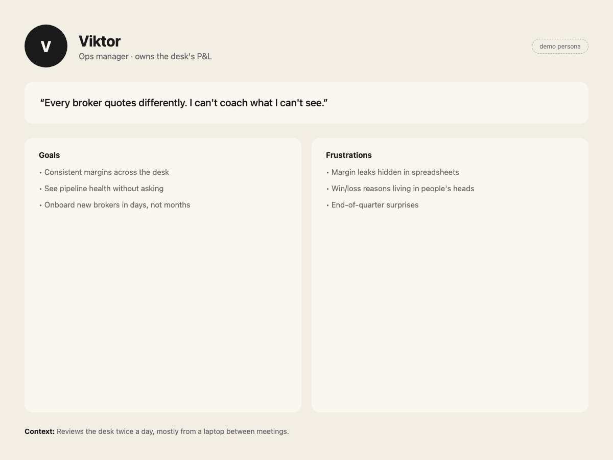 Viktor, ops manager persona: consistent margins, visible pipeline, faster onboarding