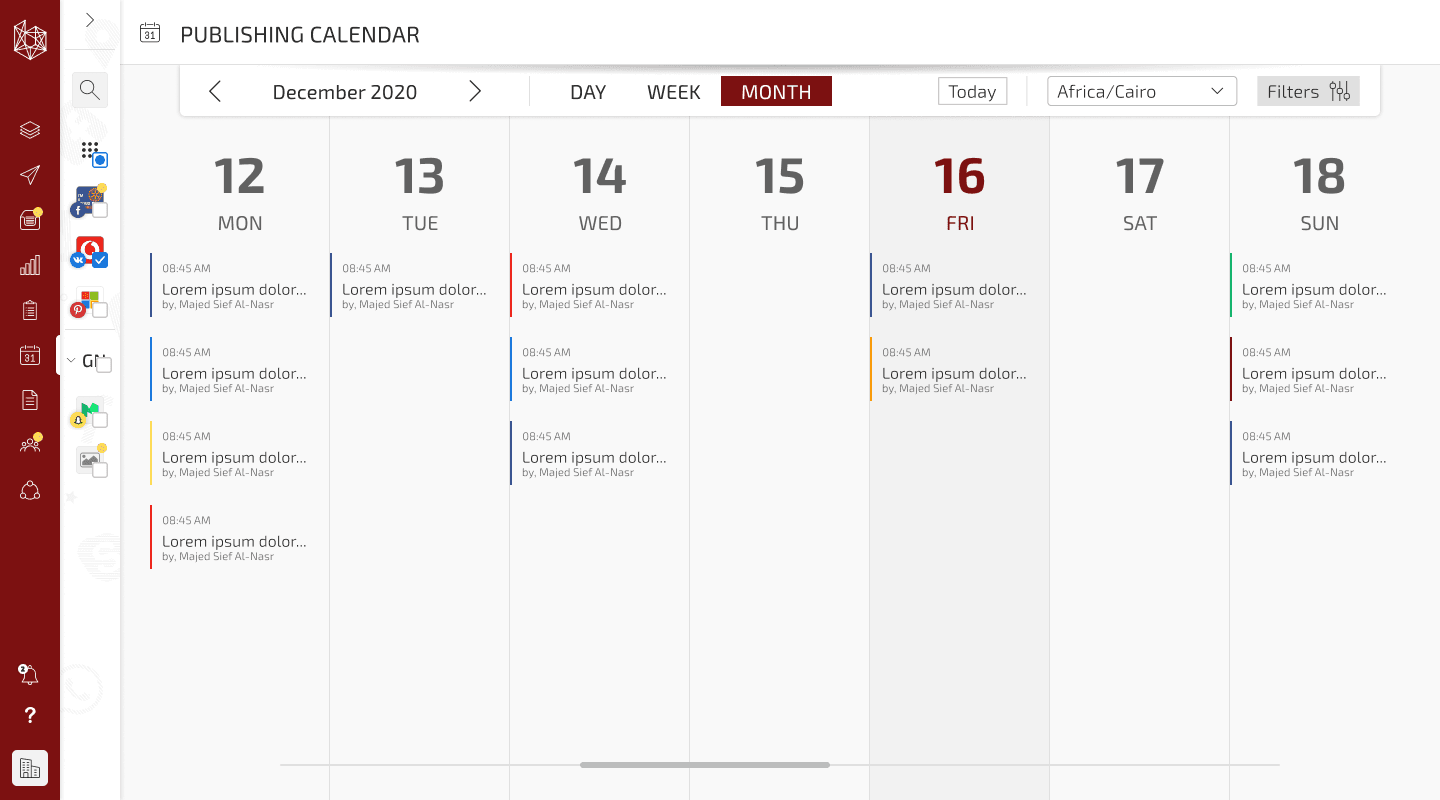 Publishing calendar — month view across profiles