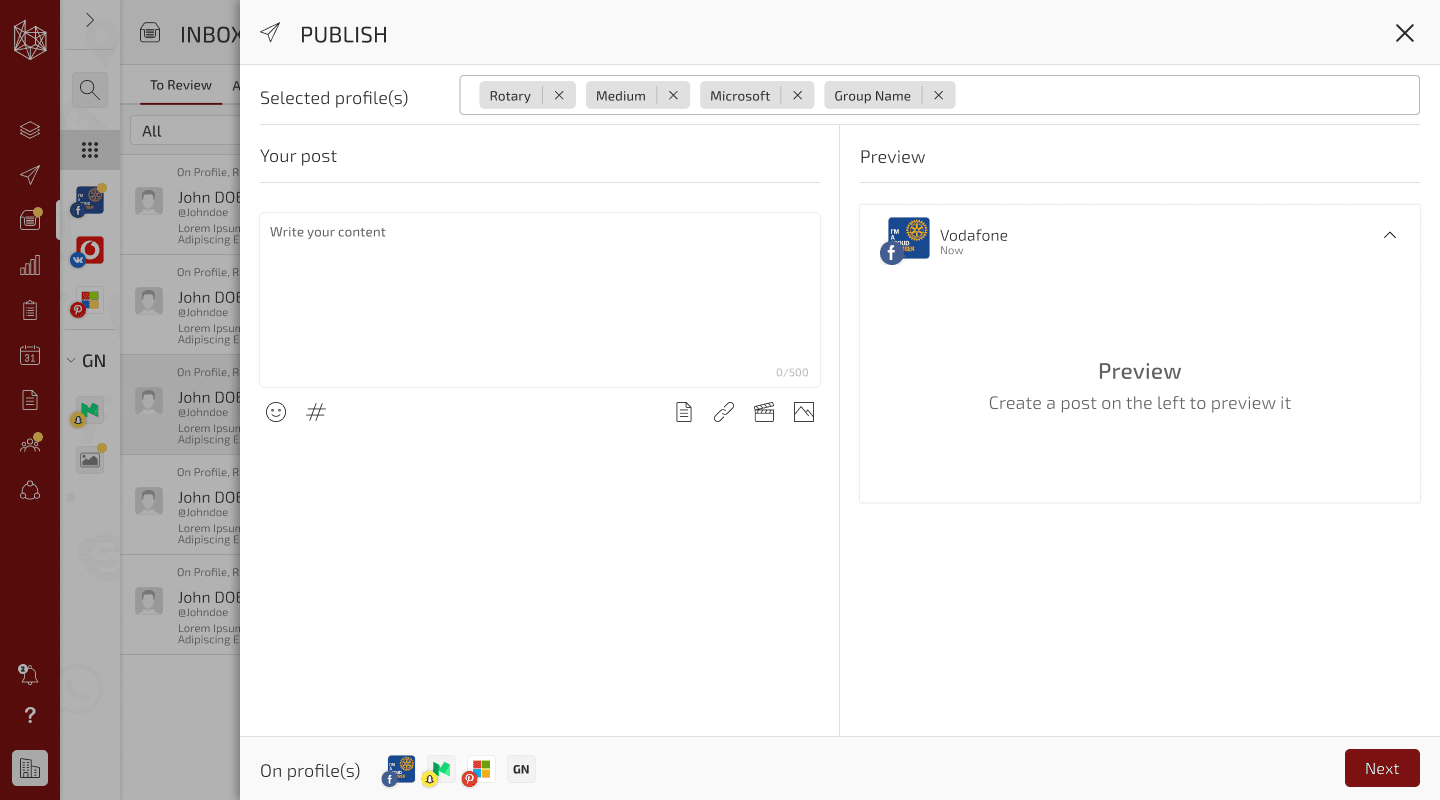 Publish — composer with per-network preview