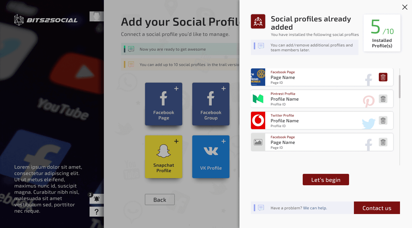 Onboarding — connected social profiles