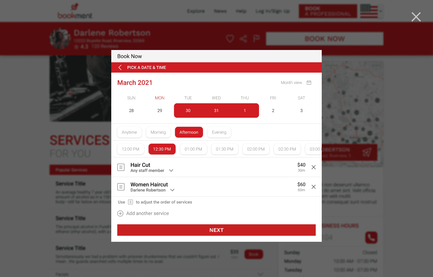 Booking — pick a date, time, and add another service