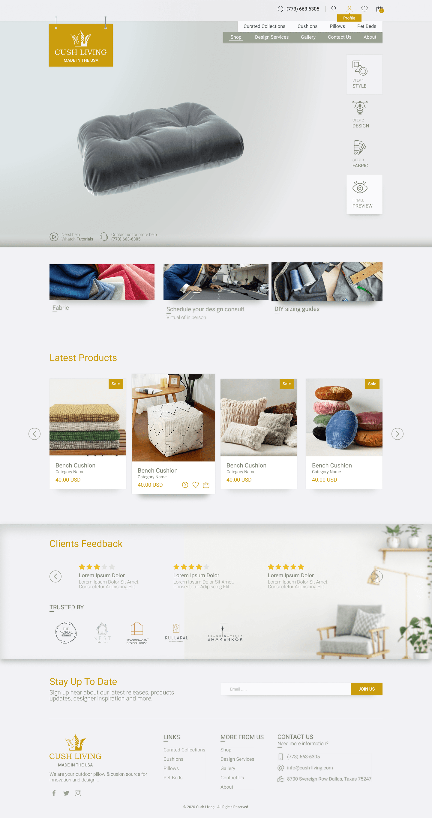 Cushion wizard — live preview of the configured cushion