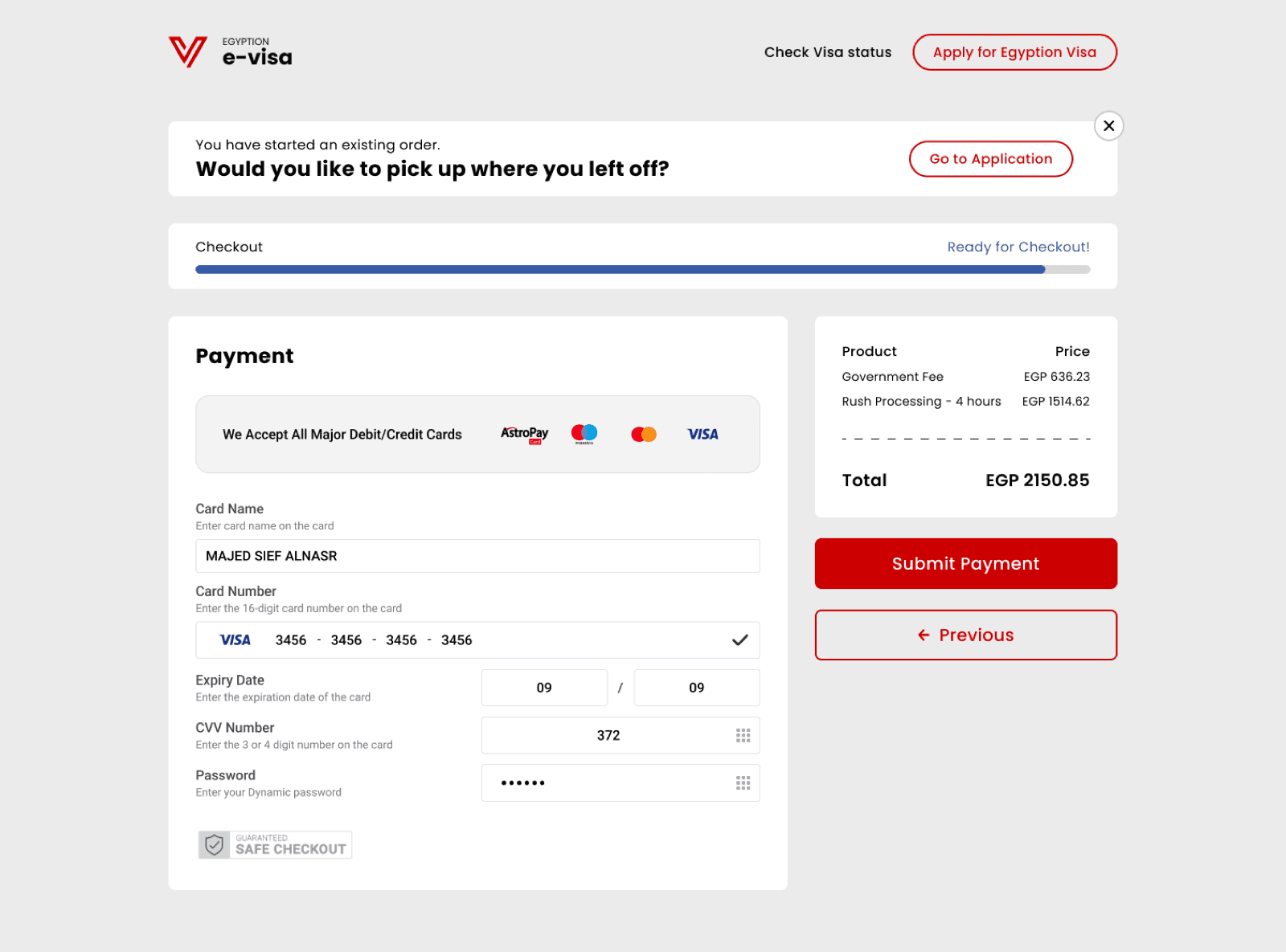 Payment — fee breakdown and checkout