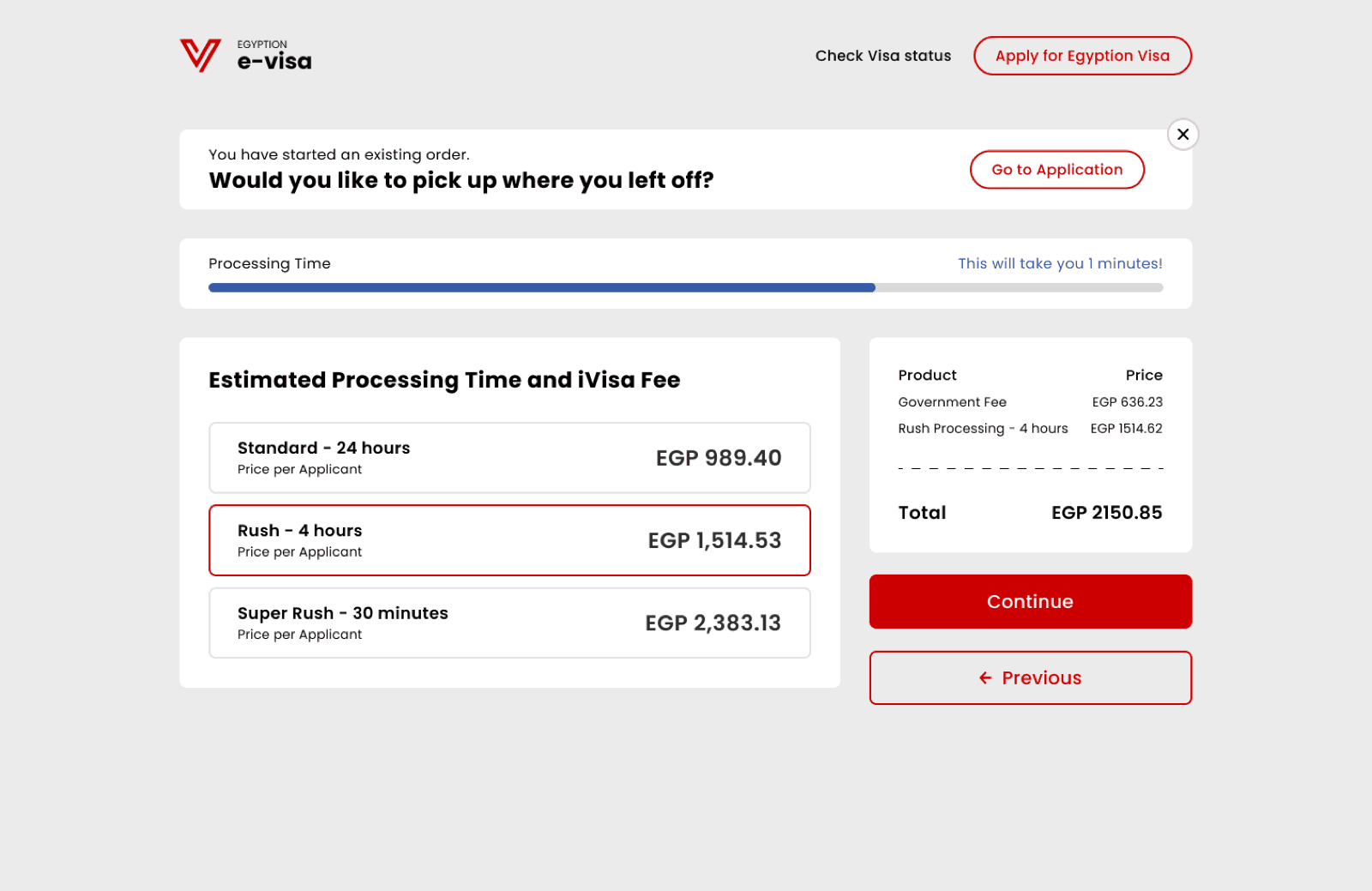Processing time — standard or faster, with fee impact shown