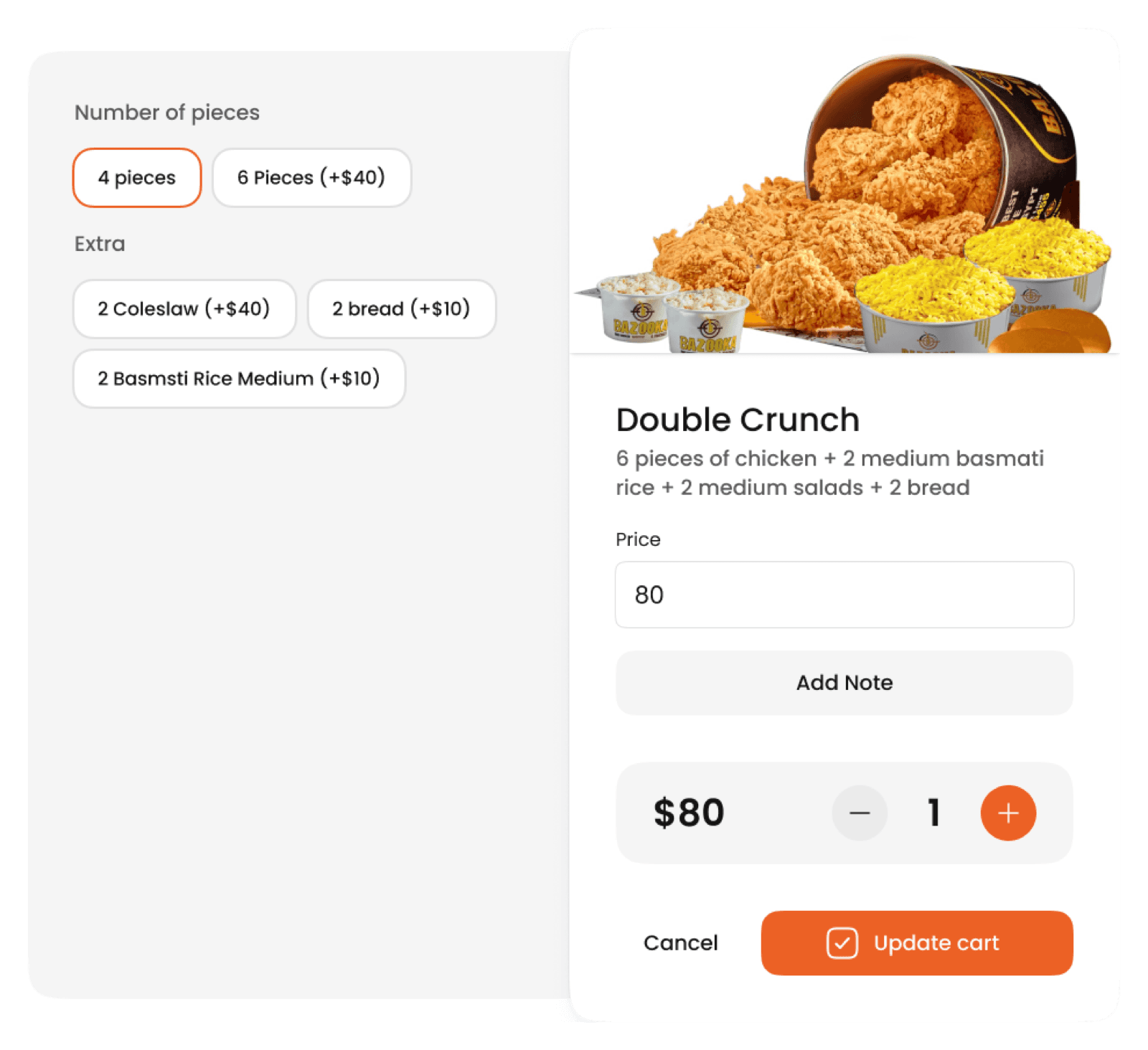 Customize menu item — options and modifiers before updating the cart