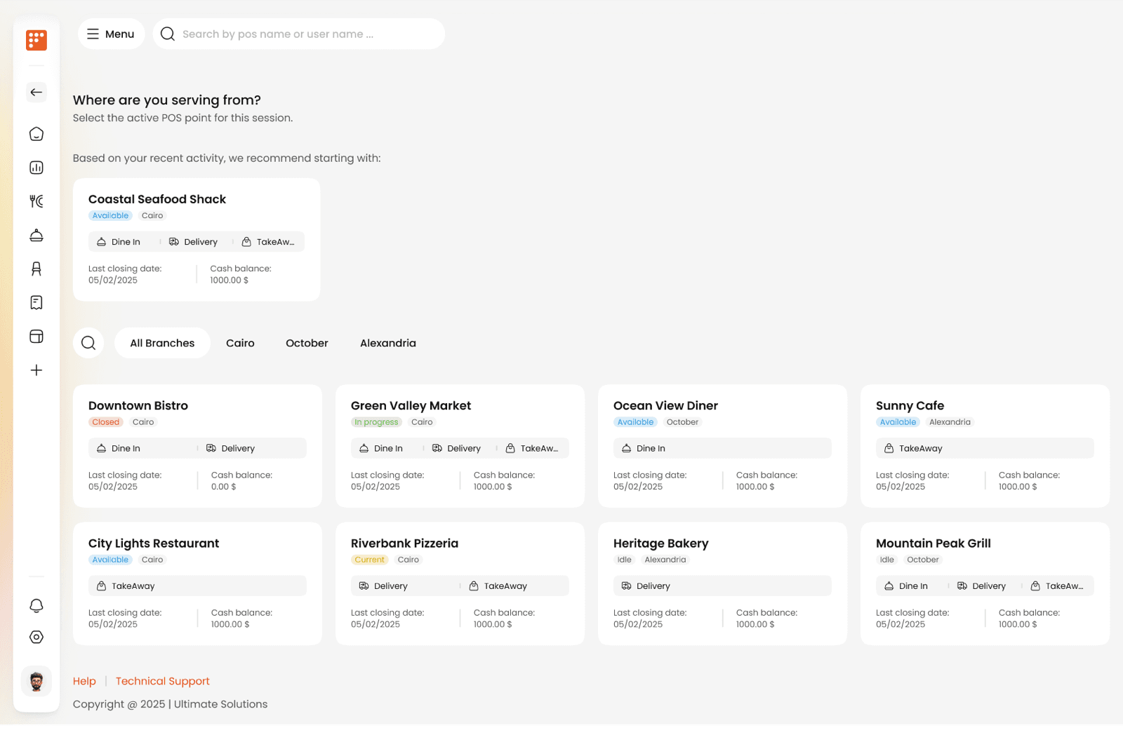 Select POS terminal before starting a service