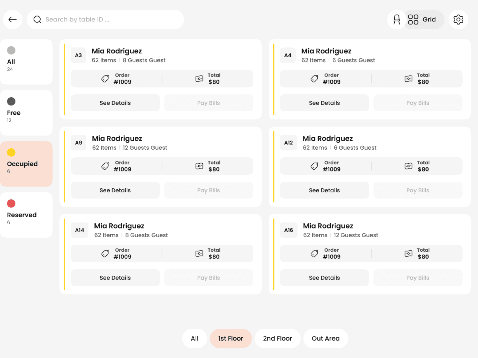 Table map — occupied and available tables across the floor