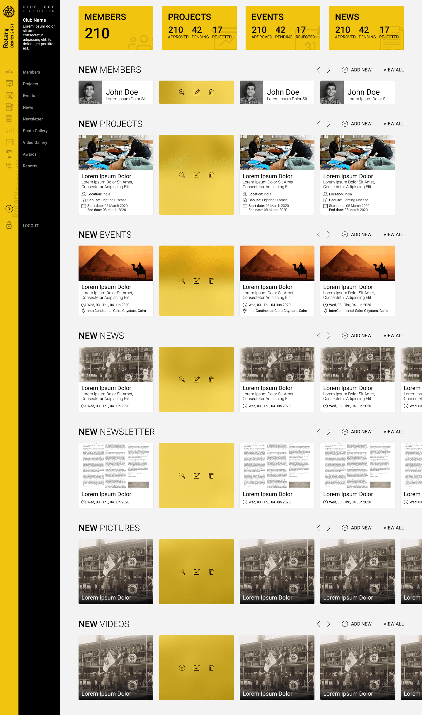 Club dashboard — members, projects, events, and news
