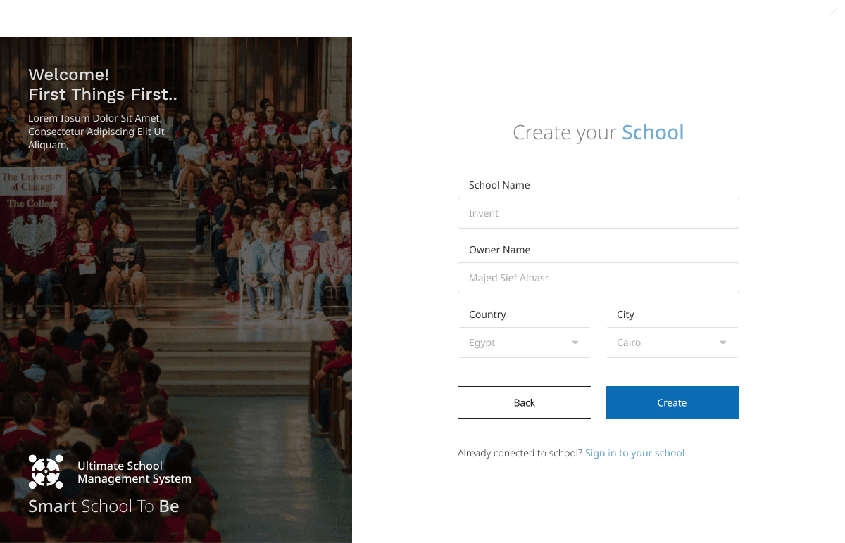 Create your school — name, owner, city, and country