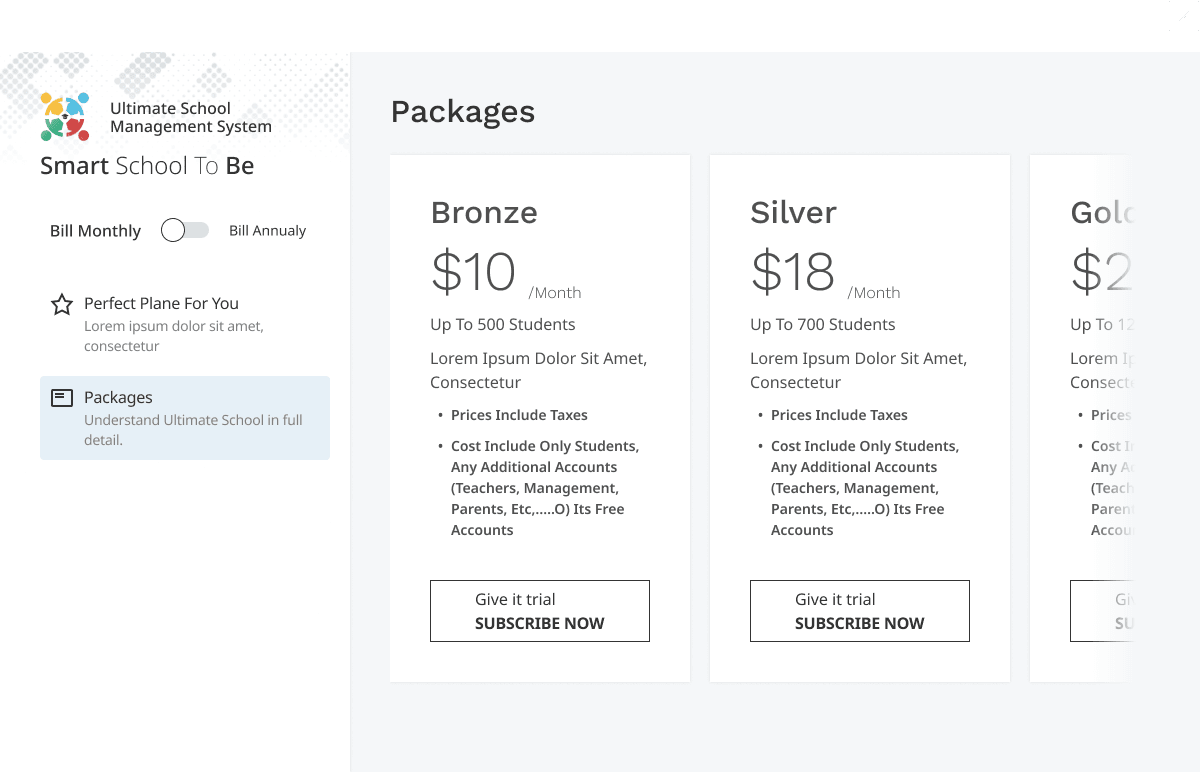 Packages — Bronze, Silver, Gold, and Platinum tiers side by side