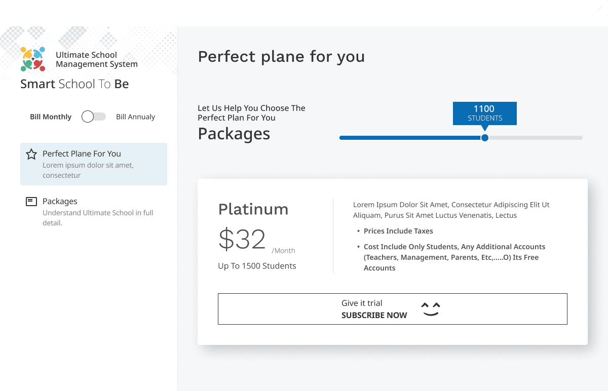 Perfect Plan for You — student-count slider picks the right tier