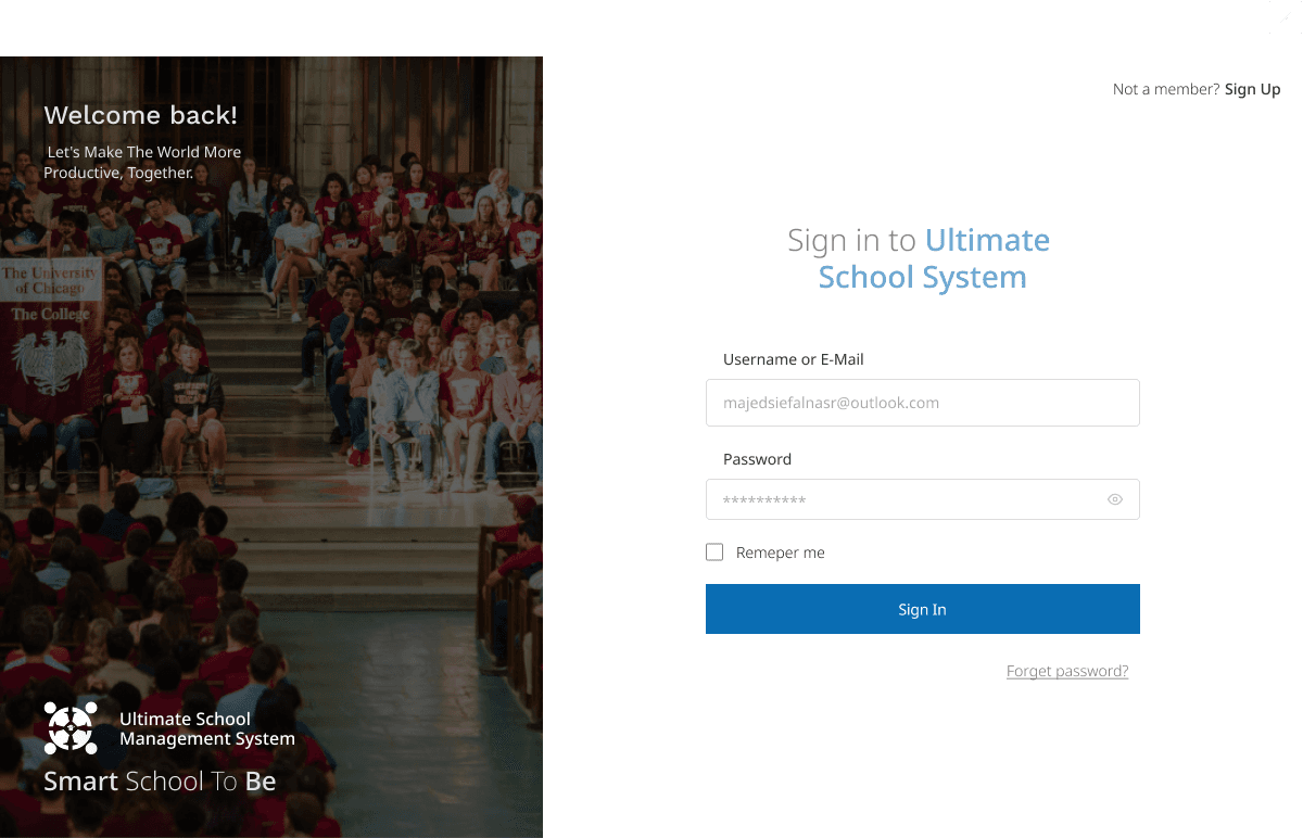 Sign in — email and password with split-screen brand panel