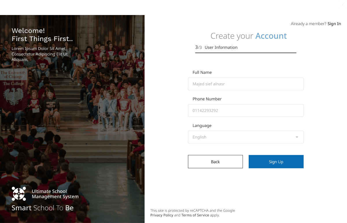 Create account — name, phone, and language selection