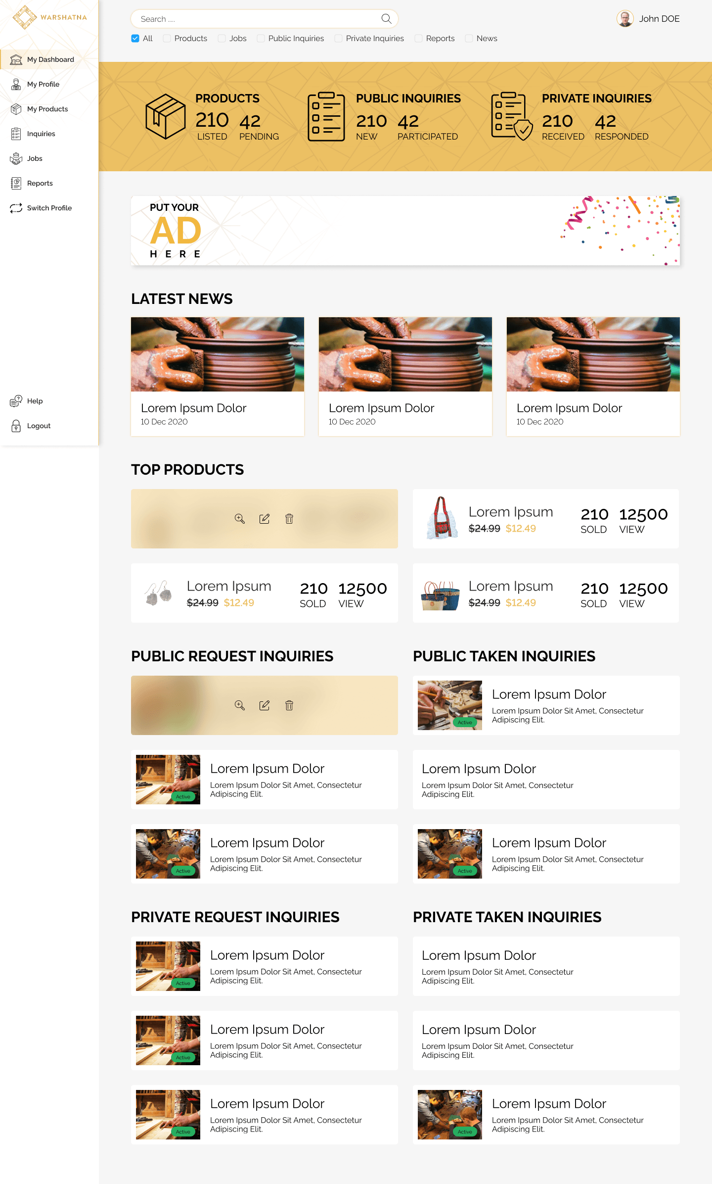 Artisan/supplier dashboard — products, inquiries, top products