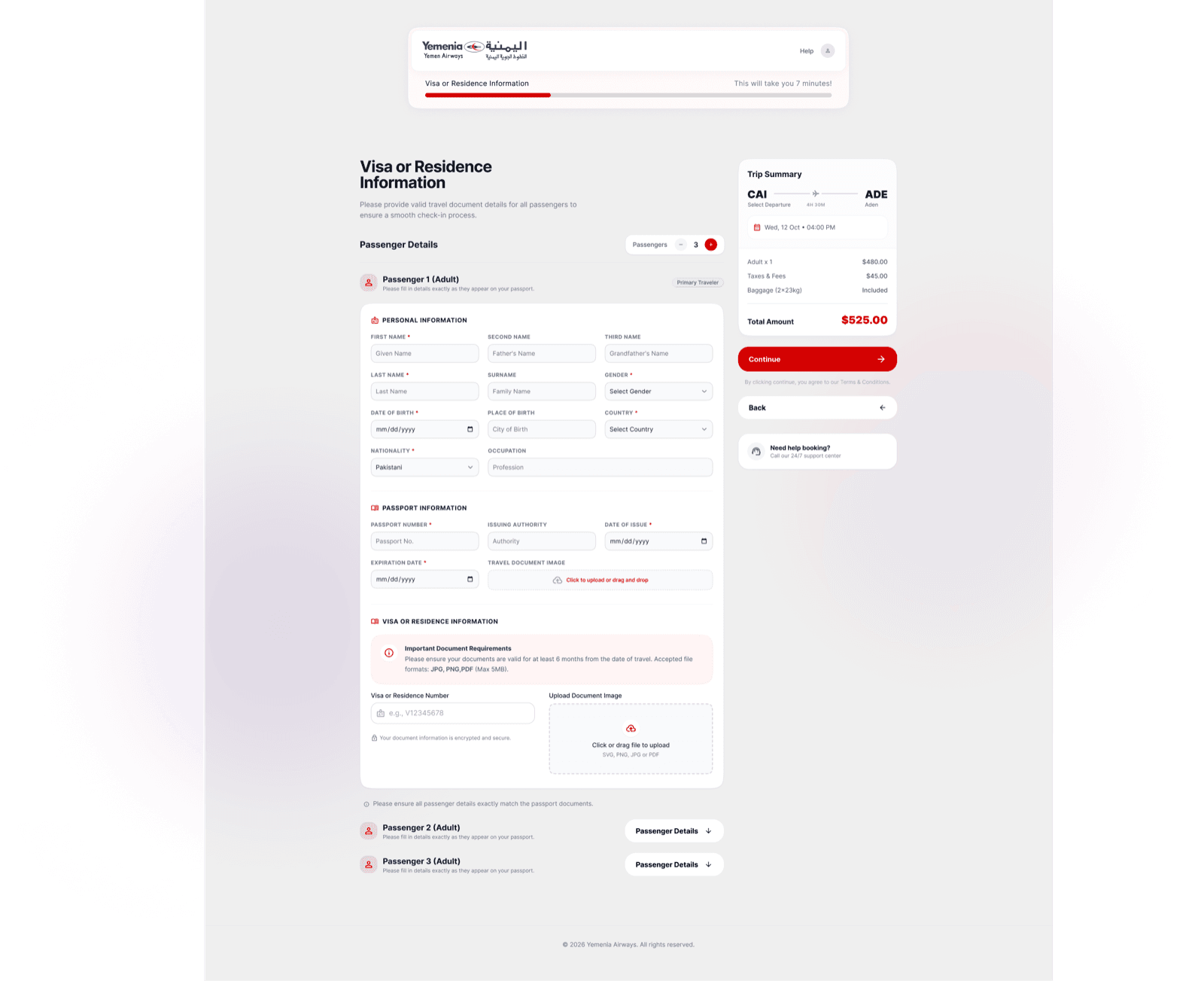 Visa or residence information — passenger, passport, and document upload