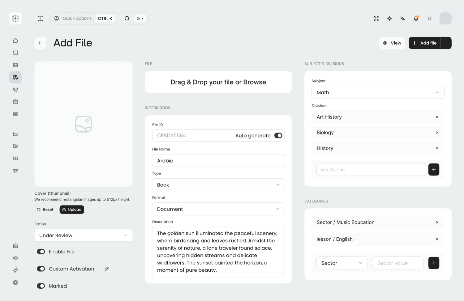 Admin add-file — upload, metadata, subjects and divisions, categories