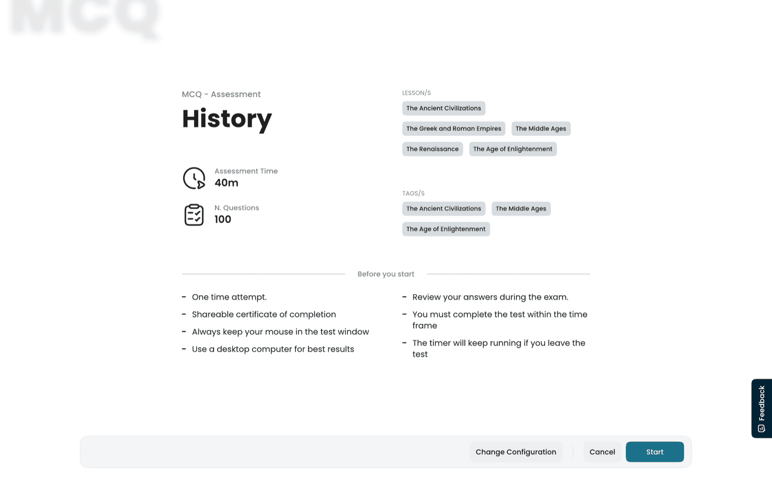 Assessment intro — time, question count, lessons, and rules