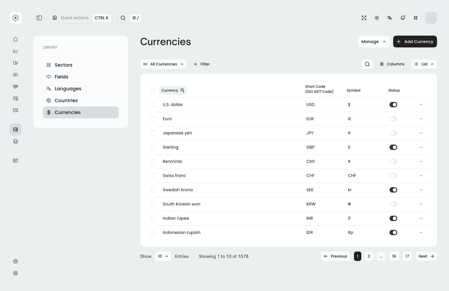 Super-admin library — currencies table with codes, symbols, and status