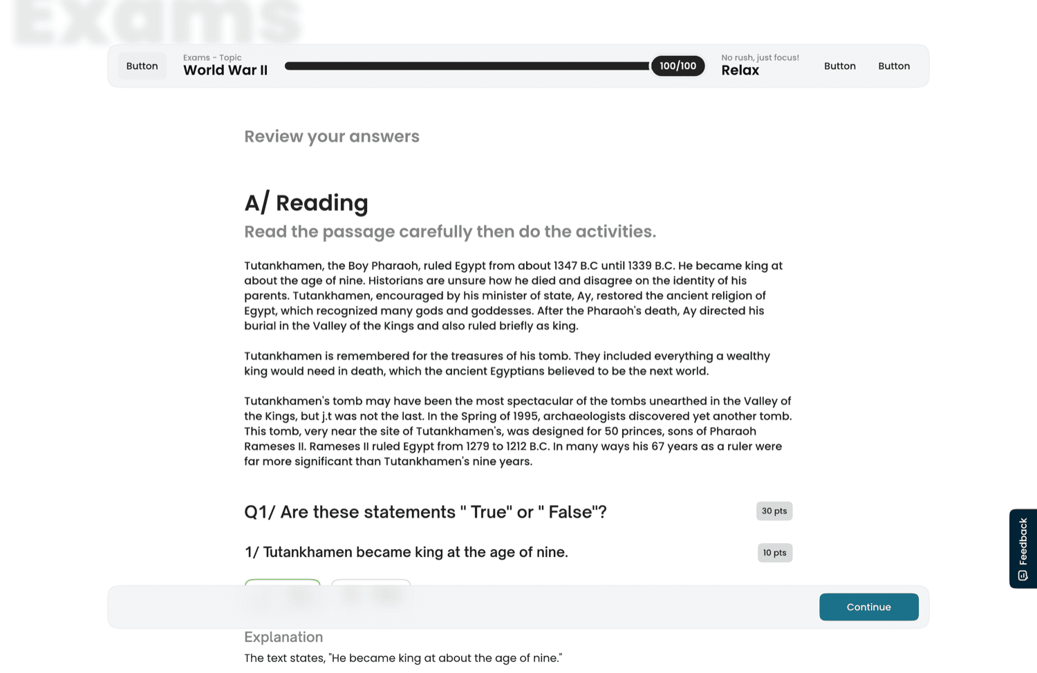 Exam review — reading passage with scored true/false questions