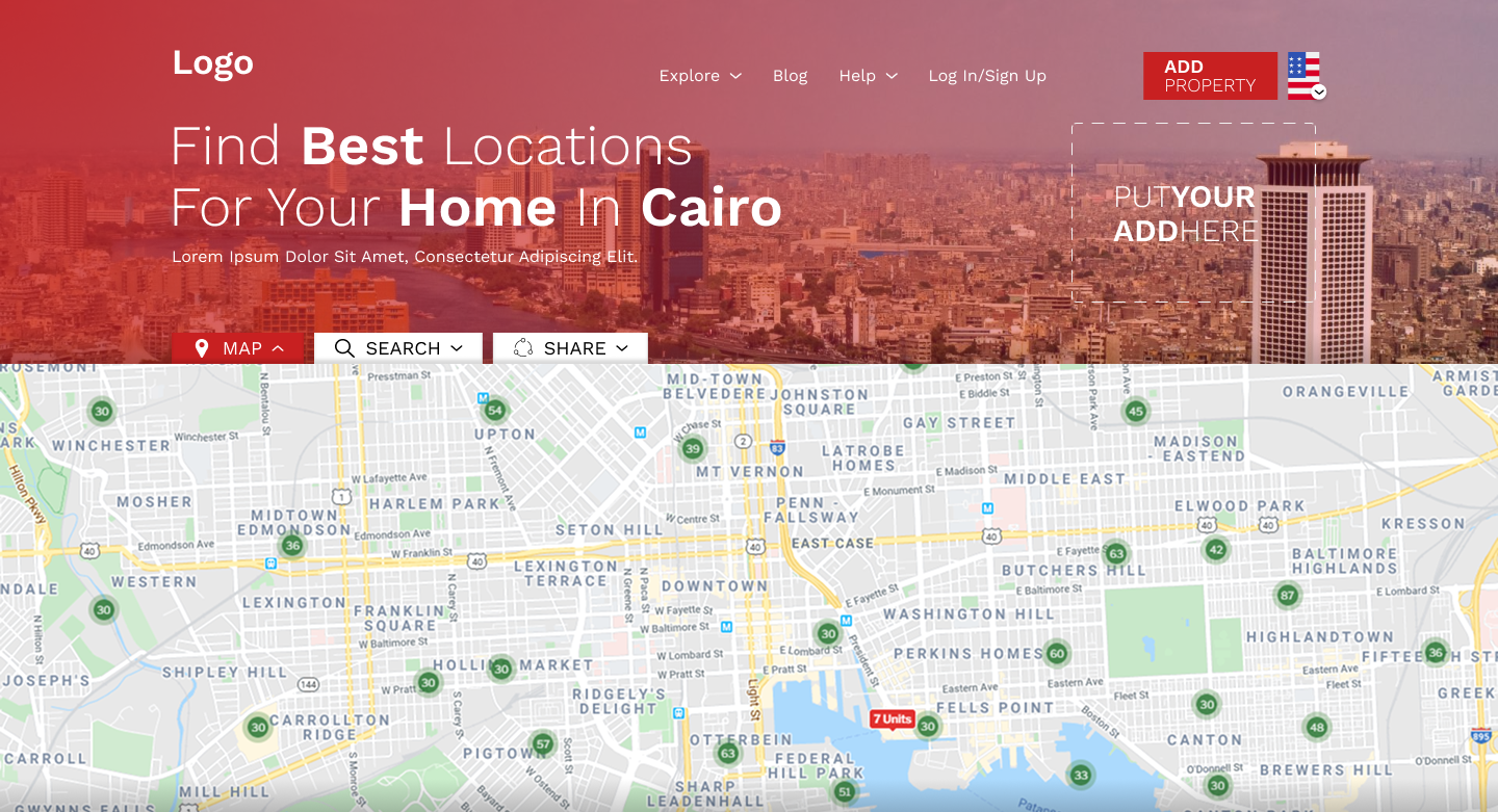 Map search — Cairo property results plotted by neighborhood