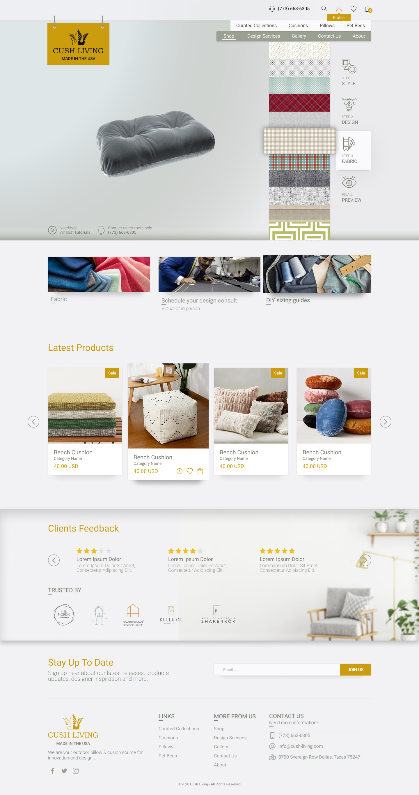 Cushion wizard — fabric and color selection with live preview